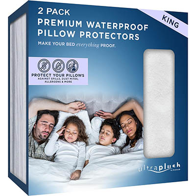 UltraBlock Ultra Plush Premium Waterproof Pillow Protector Set of 2 - Zippered Pillow Case Cover - Super Soft and Quiet Feather Proof Encasement (King Size 20 inches x 36 inches)